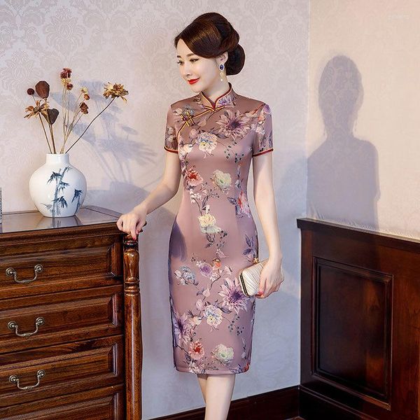 Roupas étnicas Elegante Verão Dupla Camada de Manga Curta Cheongsam Moda Diária Qipao Estilo Chinês Vestido de Noite Tradicional para Mulheres