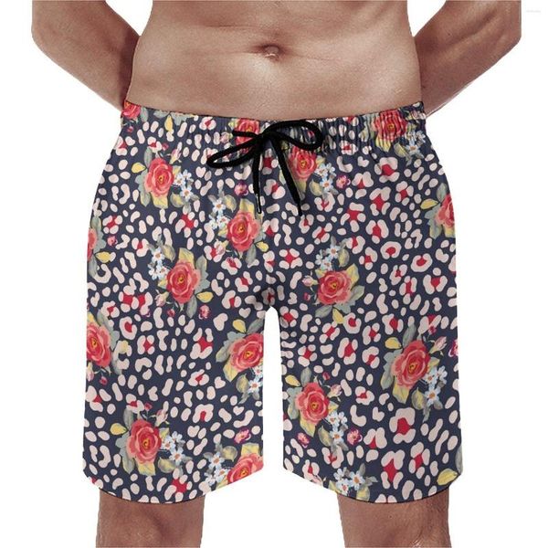 Pantaloncini da uomo floreali con macchie di leopardo palestra rose vintage divertente spiaggia uomo personalizzato sport surf costume da bagno ad asciugatura rapida regalo