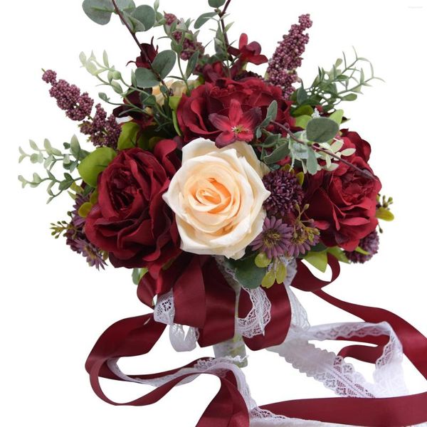 Flores decorativas artesanais 26cm flor mista rosa folhas de eucalipto e fitas buquê de flores artificiais decoração de casamento suporte