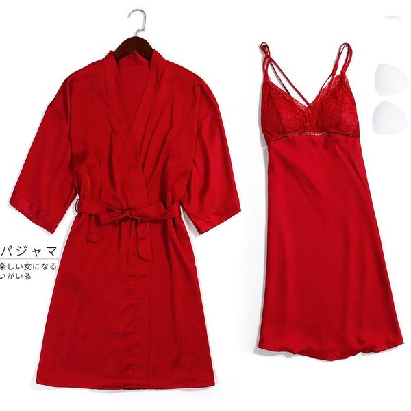 Indumenti da notte da donna Abito da notte in raso rosso in pizzo Set Abiti da casa Kimono sexy Abito da bagno Camicia da notte Corto Abito da notte da donna Twinset Lingerie intima