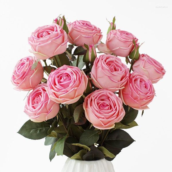 Flores decorativas 9 peças rosa decoração de casa 70cm revestimento de látex pétalas de toque real flor artificial casamento agradável exibição festa evento -