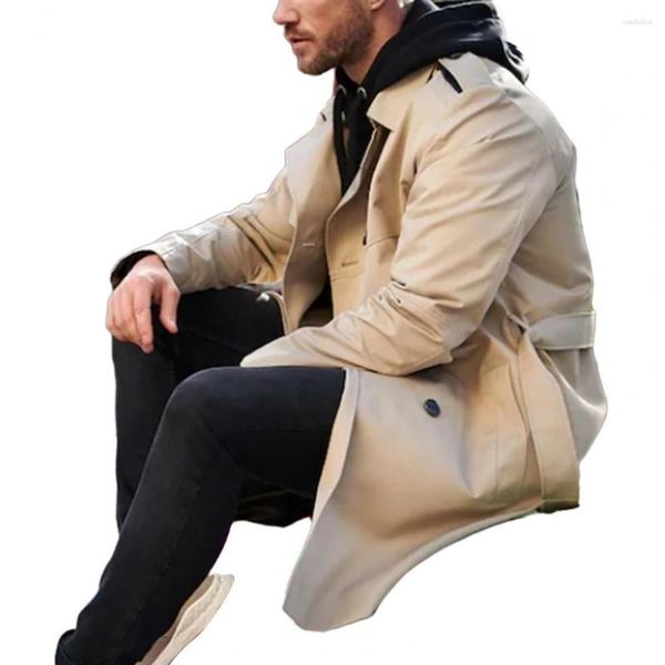 Herren Trenchcoats Herren Zweireiher Windjacke Taschen Gürteljacke Stilvoller langer Mantel Slim Fit Revers für Herbst/Winter