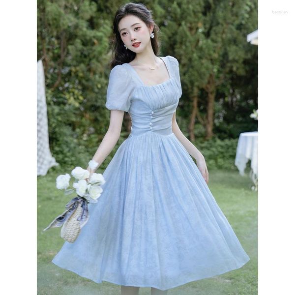 Roupas étnicas Azul Moda Elegante Vestido Sexy Francês Quadrado Pescoço Vestidos Médio Longo Manga Bolha Temperamento Feminino Partido Prom Vestidos