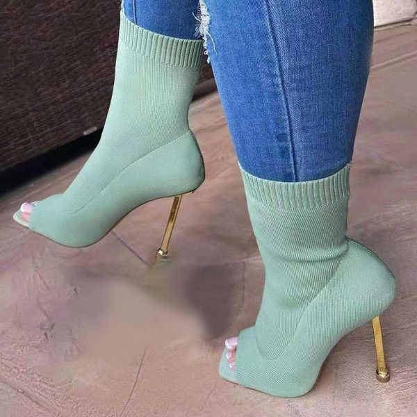 Kleidschuhe 2023 Frauen Super High Heels Pumps Square Toe Peep Elastic Stretch Gestrickte Socken Stiefel Kreatives Design Kleidung