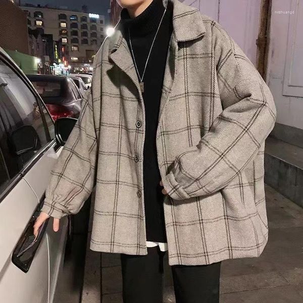 Jaquetas masculinas jaqueta de lã outono inverno alta rua grande veludo grosso coreano tendência solta harajuku mulheres xadrez elegante casaco