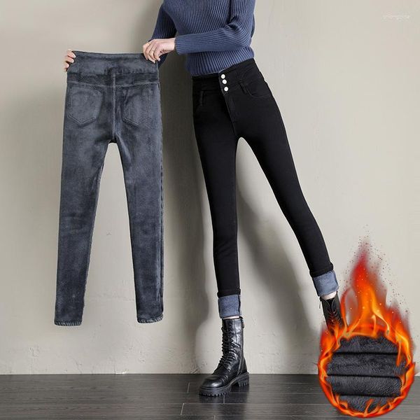 Jeans femininos inverno velo quente multi-botão cintura alta elástica calças lápis magro grosso veludo preto vintage azul magro