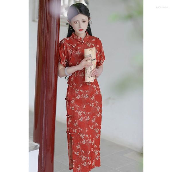 Этническая одежда, восточное китайское красное платье с принтом, женское винтажное Cheongsam с коротким рукавом и воротником-стойкой, Ципао, одежда для сценического шоу
