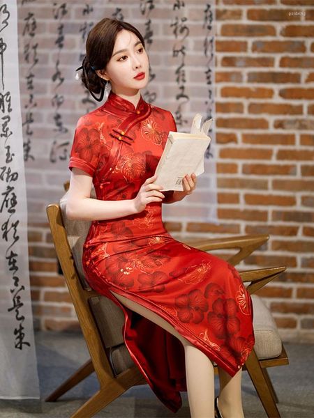 Abbigliamento etnico Elegante estate seta lungo rosso Cheongsam passerella banchetto moda retrò Qipao abito da sposa da sera in stile cinese per le donne