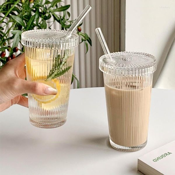 Bicchieri da vino Tazza in vetro a righe da 375 ml con cannuccia per labbra Tazza in stile giapponese Trasparente Latte Caffè Bubble Tea Latte Moka Tazze Colazione