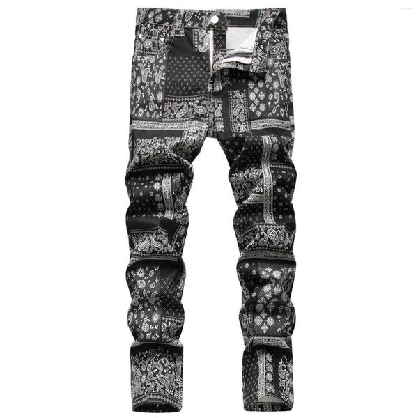 Calças de brim masculinas digital impresso magro estiramento homem cor reta contraste denim calças roupas uso diário calças clássicas para homem