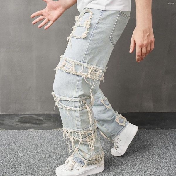 Erkek kot pantolon retro harajuku hip hop sokak kıyafeti şık yırtık yama gevşek pantolon erkekler rahat kırık delik düz denim pantolon