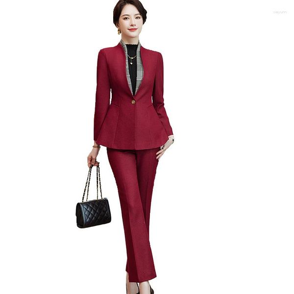 Calças femininas de duas peças moda vermelho preto mulheres trabalho desgaste magro calça terno formal senhoras manga longa v-pescoço jaqueta de negócios calças 2 blazer