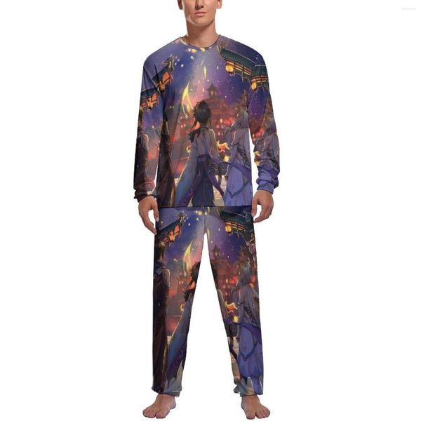 Мужская пижама Genshin Impact, весенняя пижама из двух предметов с аниме-принтом, теплый комплект, мужской домашний костюм с длинными рукавами и графикой для спальни