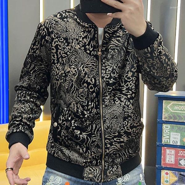 Herrenjacken 2023 Herbst Schwarz Gold Kontrastjacke Schwerindustrie Tiger Print Baseball Neck Zipper Cardigan Slim Fit Langarmmantel Männer