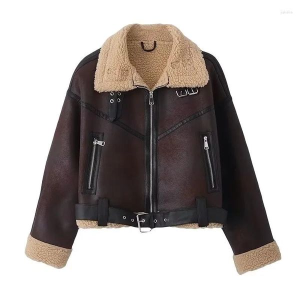 Couro feminino volalo outono moda feminina grosso quente falso shearling jaqueta casaco vintage manga longa cinto bainha feminino outerwear chiques topos