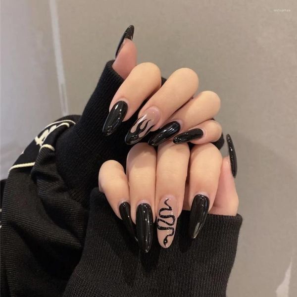 Falsas unhas 24 pcs escuro gótico preto cobra listra longa bailarina falsa imprensa em cobertura completa artes decoração goth