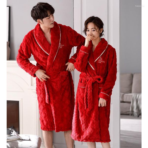 Pijamas femininos grosso quente flanela robe casal pijamas conjunto lazer confortável macio longo roupão vermelho casamento festivo camisola