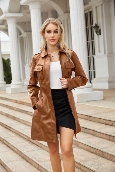 Couro feminino 2023 pu falso zip up jaqueta casual bolso lateral manga longa cinto terno outono inverno preto trench coat