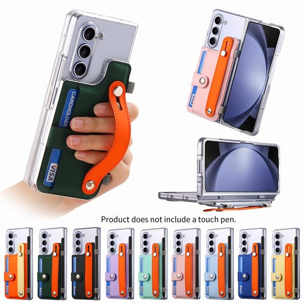 ZFold5 Capas de couro PU estilo coreano para Samsung Galaxy Z Fold 5 Fold5 Dobrável multifuncional rígido PC Slot para cartão de crédito ID Pulseira Alça Push Grip Strip Holder Cover