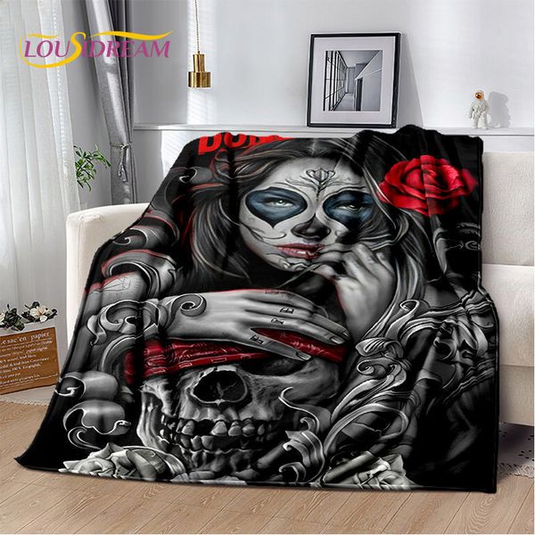 Coperte 3D Gothic Horror Female Skull Dead Girl Morbida coperta di peluche Coperta di flanella per soggiorno Camera da letto Divano letto Picnic 230906