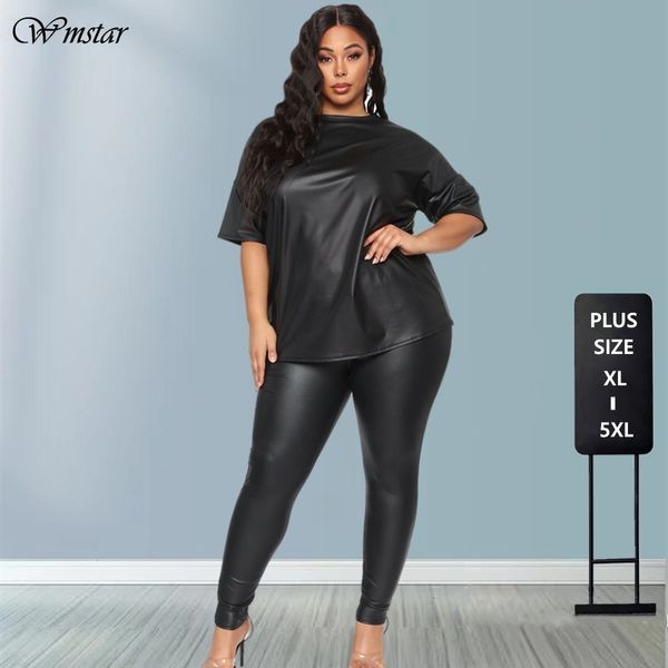 Frauen Plus Size Trainingsanzüge PU Zweiteilige Frauen Hosen Sets Mode Streetwear Halbarm Schwarz T-shirt Elastische Taille Großhandel Drop 230906