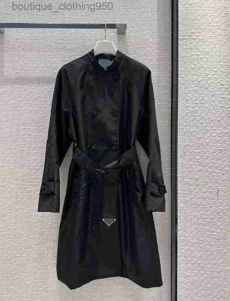 Novo designer início do outono das mulheres trench coats moda em pé pescoço duplo breasted carta sinal cintura comprimento médio nylon trench coat