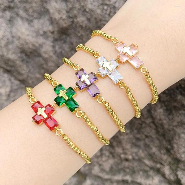 Charme pulseiras flola pequena cruz de cristal verde para mulheres cobre banhado a ouro contas corrente ajustável cz jóias presentes brtf78