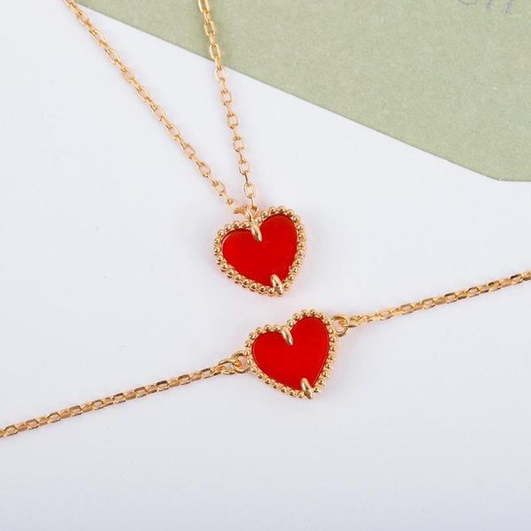 Catene Cuore rosso pesca Argento Collana in oro rosa Bracciale Orecchini Set di gioielli di lusso Donna Marchio di alta qualità Designe Trend Giappone Corea