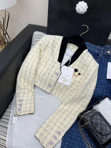 2023 frauen Jacken Neue Plaid Tweed Süße Jacke Frauen Tiefem V-ausschnitt Langarm Einreiher Lose Kurze Vintage mantel