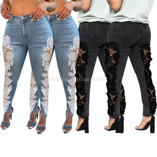 Designer-Jeans für Damen, modisch, dehnbar, Spitze, Patchwork, Denim-Hosen, hohe Taille, Vintage-Hose, dünne Bleistifthose, Streetwear, Großhandel für Kleidung