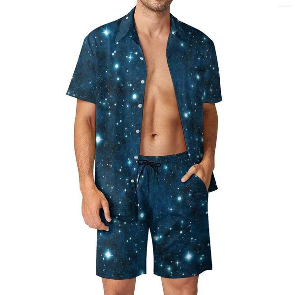 Fatos masculinos glitter galaxy homens define azul faísca estrelas casuais shorts verão moda praia camisa conjunto de manga curta terno personalizado aniversário