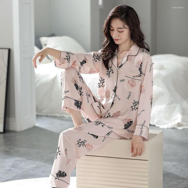 Женская одежда для сна, пижама с розовым принтом листьев, пижамные комплекты, нижнее белье, атласные пижамы, домашняя одежда, ночное белье с лацканами