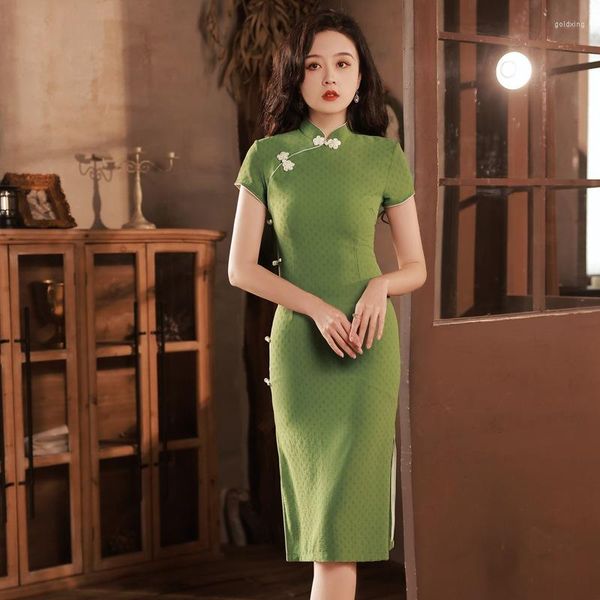 Abbigliamento etnico Elegante estate moderno Cheongsam verde Vintage Giovani ragazze Quotidiano Qipao Abito da sera in stile cinese per le donne Festa