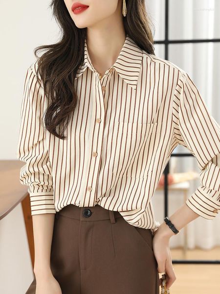 Blusas femininas 2023 outono camisas femininas cáqui listrado solto bf chiffon vintage feminino topos estilo coreano bolsos