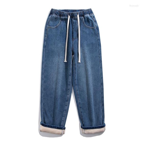 Calças de brim masculinas 2023 inverno homens quentes baggy streetwear moda coreana denim calças de perna larga velo grosso calças casuais masculino marca azul