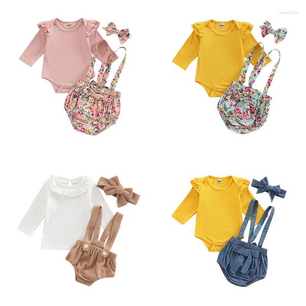 Conjuntos de roupas Bebê Meninas Roupas Set Outono Verão Ruffle Manga Nervura Romper Tops Bow Suspender Shorts Headband Doce Born Outfits 0-18 M