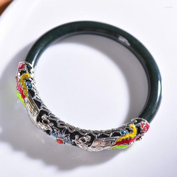 Bracciale rigido in giada verde naturale Bracciale in argento sterling S925 con pietre preziose rosse Smalto Phoenix Hetian Giade Nefrite Braccialetti rotondi Donna