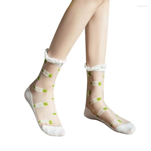 Meias femininas transparentes super finas meias curtas bordadas flores rendas meia arrastão