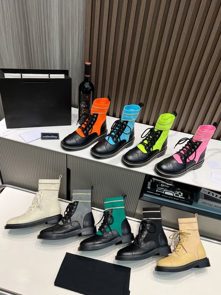 Novas botas de tornozelo de malha de alta qualidade dedo do pé redondo saltos planos para meninas mulheres designer de luxo sola de couro moda ins botas sapatos calçados de fábrica tamanho 35-41
