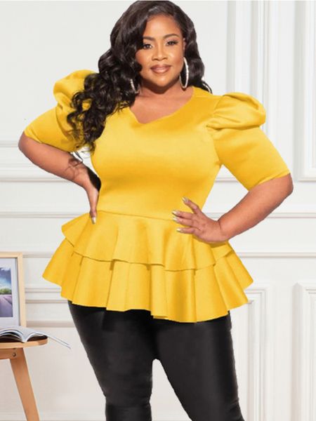 Женская футболка больших размеров 4XL, женские блузки, топы с короткими рукавами и оборками для женщин, офис 2023, летние желтые фиолетовые африканские модные рубашки 230906