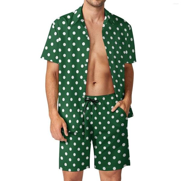 Fatos masculinos Verde Polka Dot Homens Conjuntos Retro Imprimir Camisa Casual Conjunto Legal Férias Shorts Verão Terno Gráfico Roupas de Duas Peças Plus Size