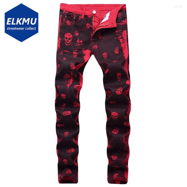 Jeans masculinos moda crânios impressos homens tendência vermelho magro calças jeans