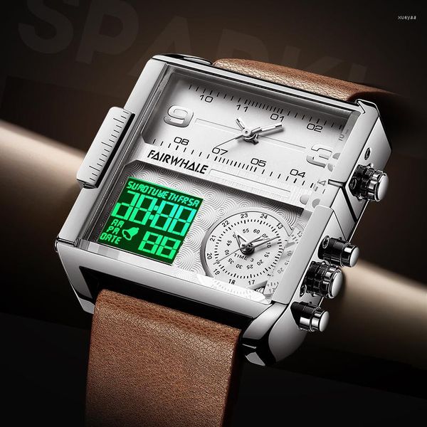 Relógios de pulso Mark Fairwhale SquareMen's Quartz Watch Dual Display Trendy Relógio de Pulso Relógio Luminoso Relógios Vintage Único Homens 4270