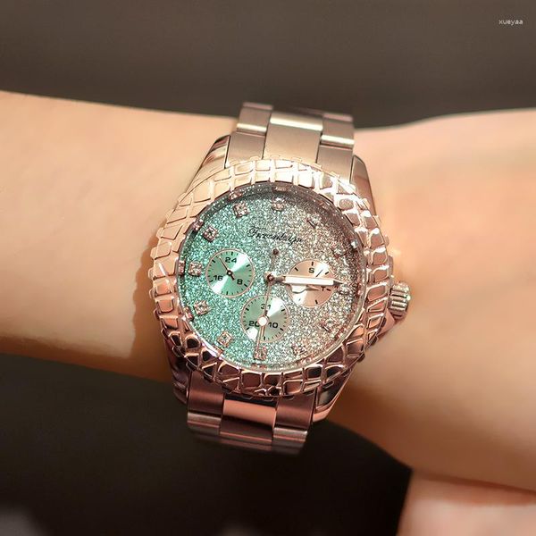 Relógios de pulso feminino grande dial seis pinos três olhos girando relógio moda tendência gradiente quartzo cinto de aço impermeável