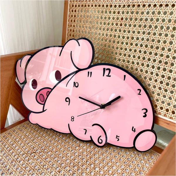 Wanduhren Cartoon Niedlich Kreativität Hockendes Schweinchen Dekoration Uhren Kinderzimmer Kindergarten Stille Uhr