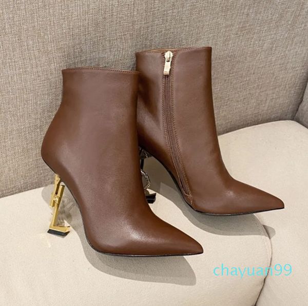 classici Stivaletti Punta a punta in metallo Tacco a forma speciale 10,5 cm donna designer di lusso Suola in cuoio Cerniera laterale Stivaletti alla moda Taglia 35-41