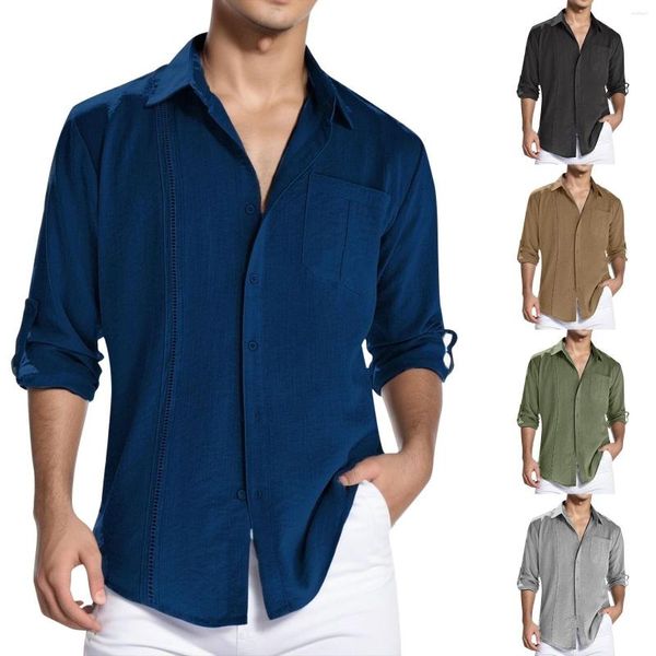 Magliette da uomo Casual Formali da uomo in cotone dimagrante Temperamento Tasca con fibbia Risvolto Camicia a maniche lunghe Top attillato