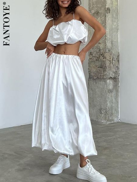 Duas peças vestido fantoye cetim sexy espaguete cinta mulheres saia terno branco fora do ombro colheita superior cintura alta femme verão casual streetwear 230906