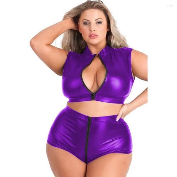 Tute da donna Taglie forti Vinile metallizzato Club Short Set Sexy senza maniche Colletto alla coreana Crop top e pantaloncini con apertura sul cavallo con cerniera