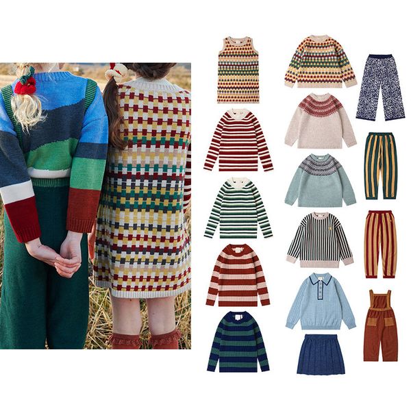 Jerseys pré-venda meninas conjunto 2023 outono inverno kp pastoral crianças listra malhas camisola curta saia cinta calças moda 230906